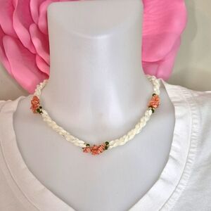 Pretty Vintage 3 Strand Twist Necklace with White beads Coral Jade and Gold